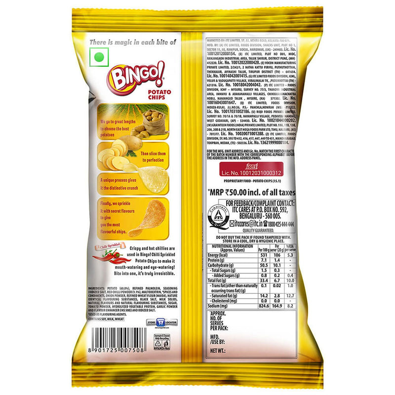 Bingo! Original Style Chilli Sprinkled - Flat Cut Spicy Potato Chips Pack for Snacks, 90g/85gram(Weight may vary)