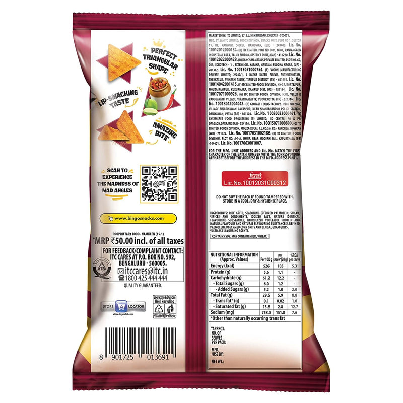 Bingo! Mad Angles Achaari Masti Mango Pickle Flavour Crunchy Triangle Chips Pack - 117g/130g