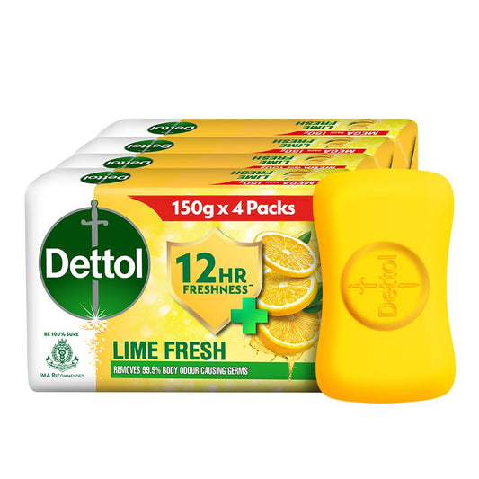 Dettol Lime Fresh (Lime Cool) Bathing Soap Bar with 12hr Freshness (600gm) |Long Lasting Freshness, 150gm Pack of 4