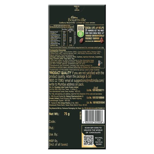 Cadbury Bournville Fruit & Nut 50% Dark Chocolate Bar, 75 Gm