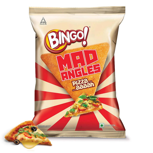 Bingo! Mad Angles Pizza-aaaah Pizza Flavour Corn-Based Triangle Chips Pack for Snacks, 66g/60g(Weight may vary).