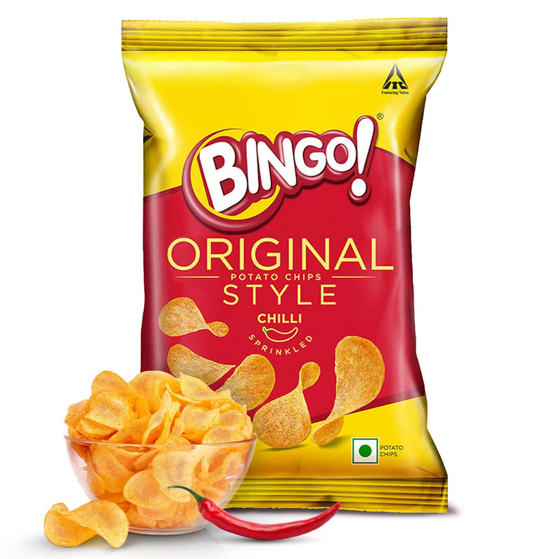 Bingo! Original Style Chilli Sprinkled - Flat Cut Spicy Potato Chips Pack for Snacks, 90g/85gram(Weight may vary)